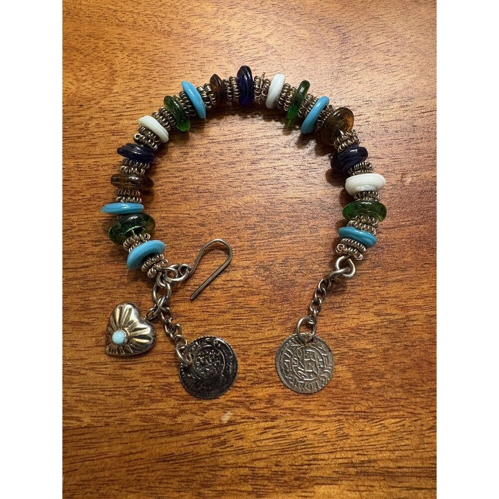 Boho Artisan Charm Bracelet Colorful Glass-Look Beads Coin & Heart Charms